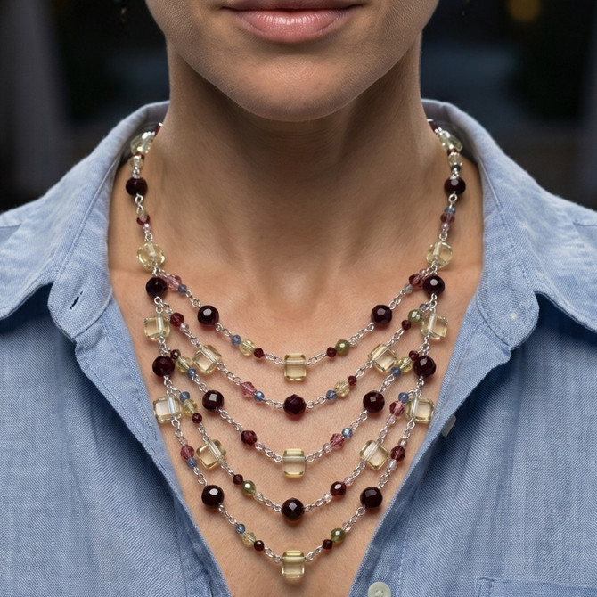 Adjustable Layer Necklace in Sterling Silver with Rare Swarovski Crystals Botanical Inspired