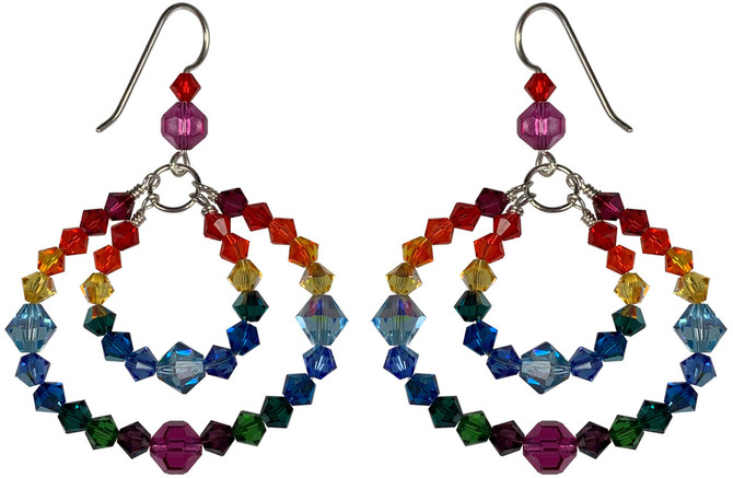 double hoop rainbow earrings designed especially for pride month.  rainbow hoop earrings are sterling silver with swarovski crystals by designer karen curtis