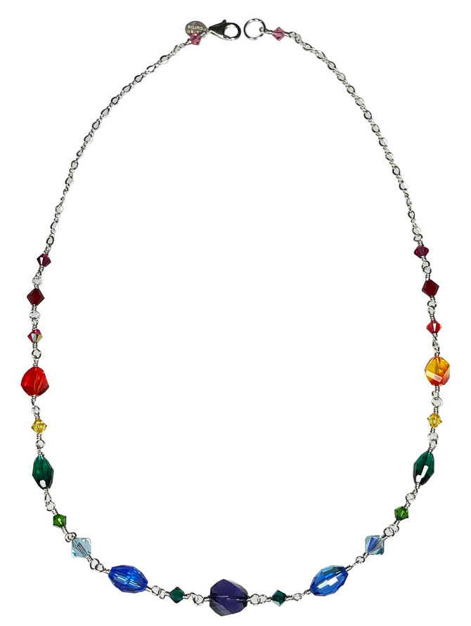 rainbow necklace hand crafted in sterling silver with crystals from Swarovski and semi precious beads by designer karen curtis made in nyc