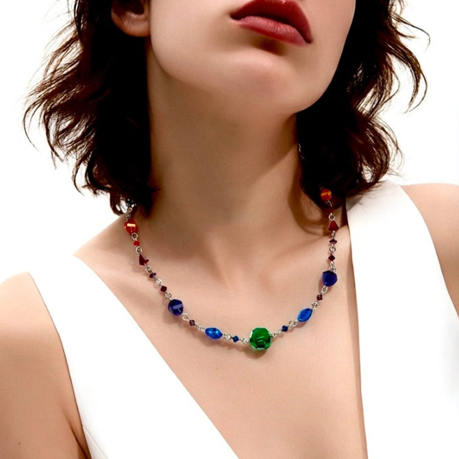 rainbow chunky necklace hand made in nyc for pride . designed using crystals from Swarovski and semi precious beads. by designer karen curtis.