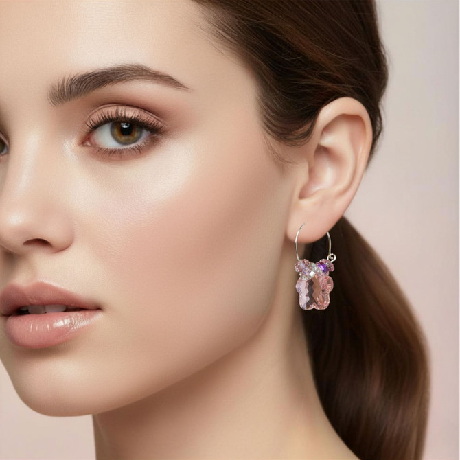 sterling silver flower hoop earrings with pink swarovski crystals