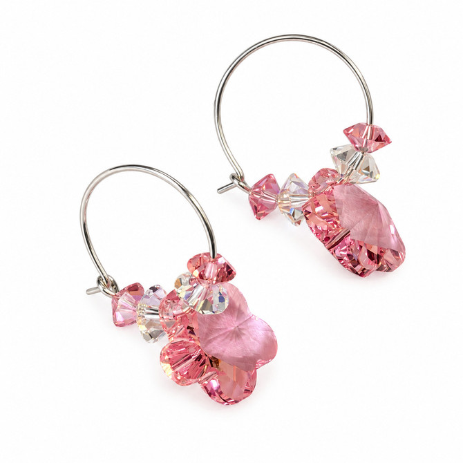 Copy of Pink Flower Hoop Earrings made with crystals by Swarovski on sterling silver