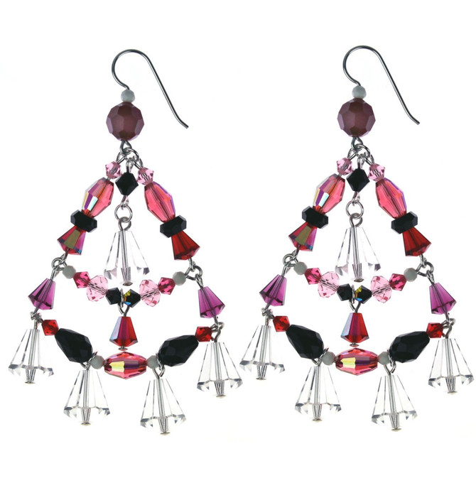 One of Karen’s favorite statement earrings to wear herself, these dramatic chandelier earrings are hand-crafted with a vibrant mix of colorful vintage Swarovski® crystal elements.