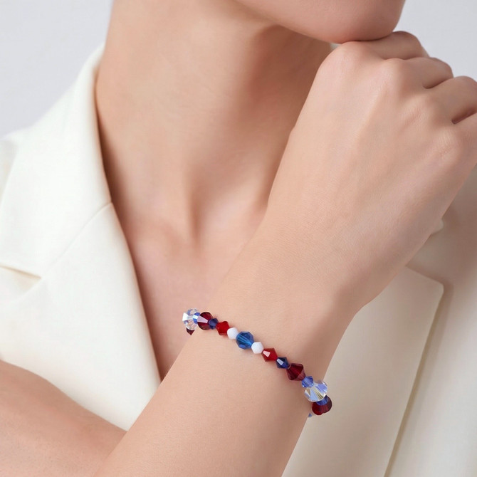 Arm view of Team U.S.A. Designer crystal bracelet by Karen Curtis NYC
Red, White & Blue Limited Edition bangle bracelet. Sterling Silver Finishing Touches