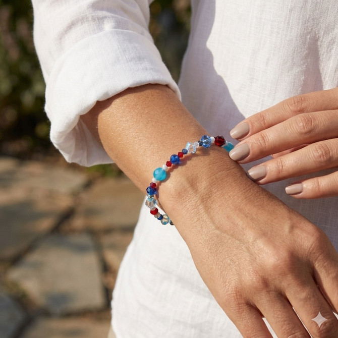 Red, white & blue Crystal bangle bracelet on model