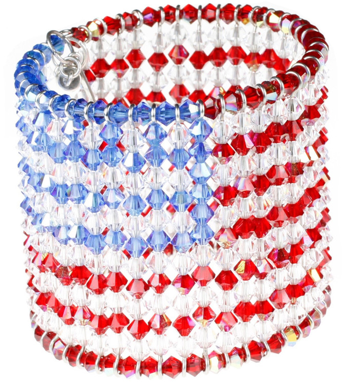 American Flag Cuff Bracelet, 600 Swarovski Crystals, Finished with Sterling Silver Magnetic Clasps