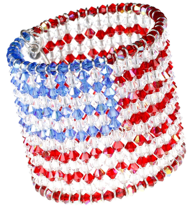 American Flag Cuff Bracelet, 600 Swarovski Crystals, Finished with Sterling Silver Magnetic Clasps
