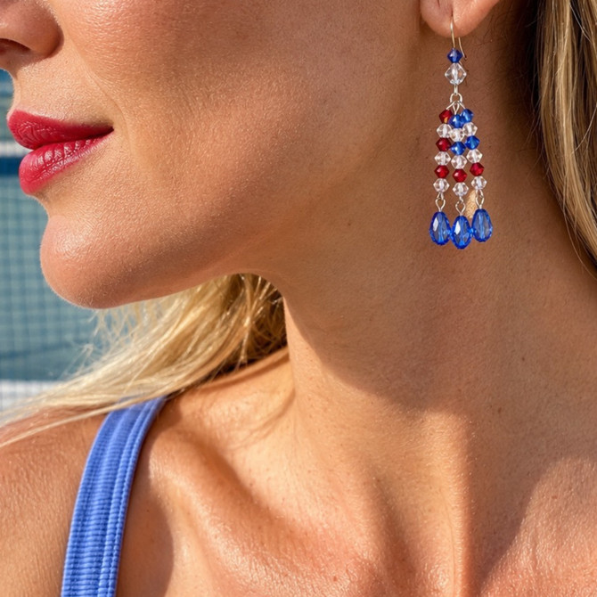 Sterling Silver Swarovski Crystal Limited Edition Red White & Blue Flag Dangle Earrings
