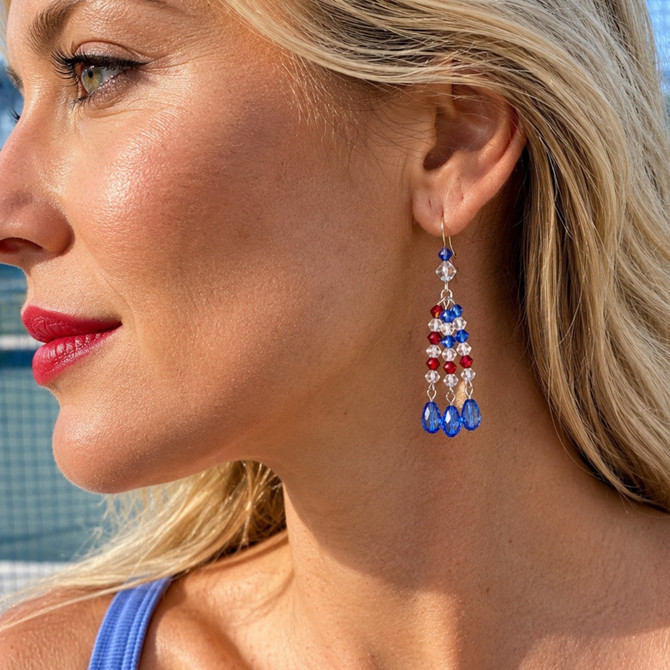 Sterling Silver Swarovski Crystal Limited Edition Red White & Blue Flag Dangle Earrings