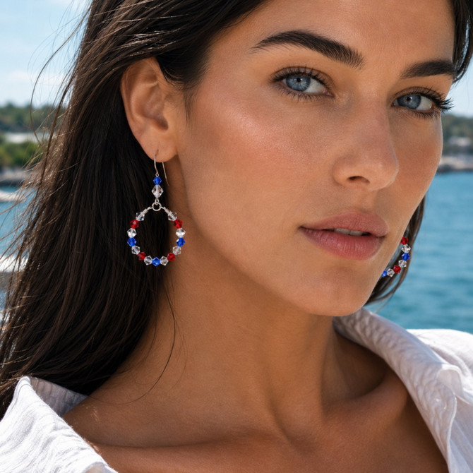 American themed crystal hoop earrings by the Karen Curtis Company handmade in NYC. View on model to get the look