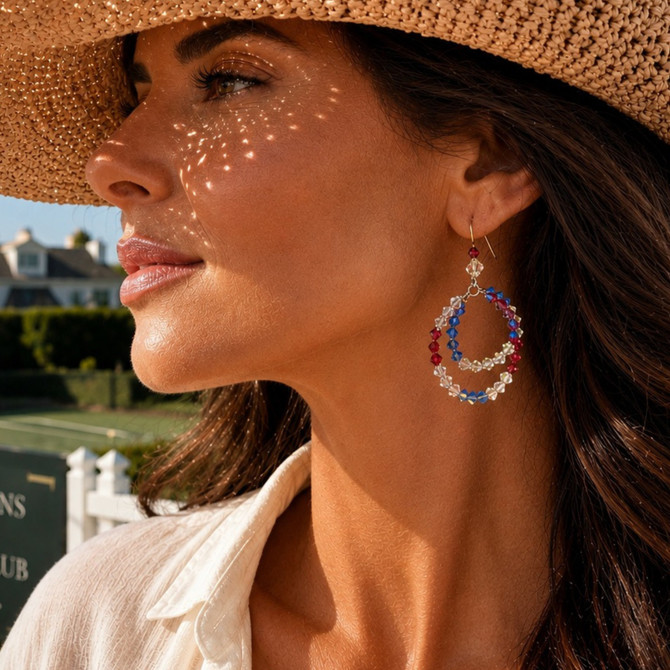 double hoop earrings in red white in blue on model