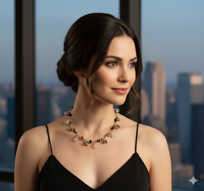 Classic style with sparkle – wear the Citron & Smoke Necklace as a standard necklace for everyday elegance or layered with other pieces. Limited edition, handcrafted with 14K gold-filled metal and rare crystals by Swarovski.