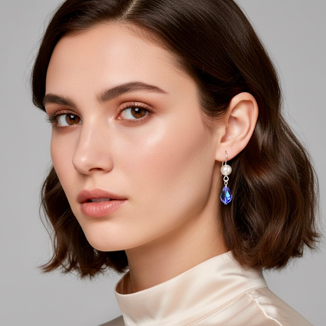 Sapphire Blue and Pearl Elegance: Sterling Silver Swarovski Crystal Earrings