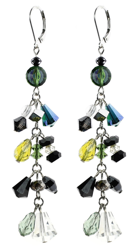 Sterling Silver Swarovski Crystal Green and Black Fringe Style Shoulder Duster Crystal Earrings