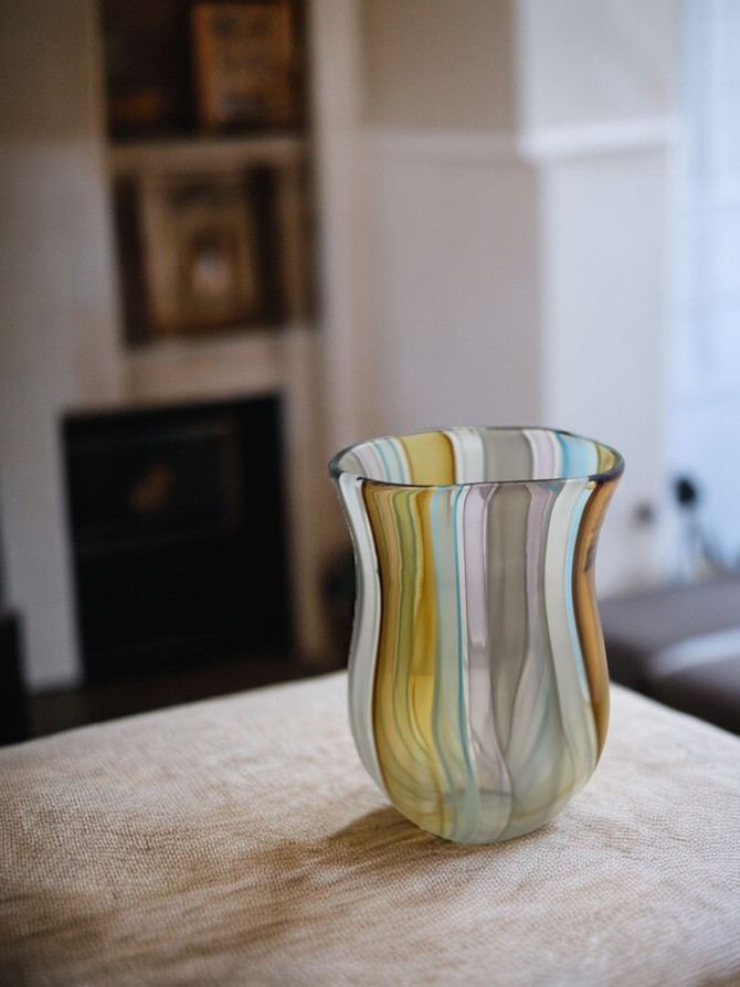 One of a Kind Colorful Art Glass Vase created by Fusing Hand Blown Cane into a Beautiful Color Pattern