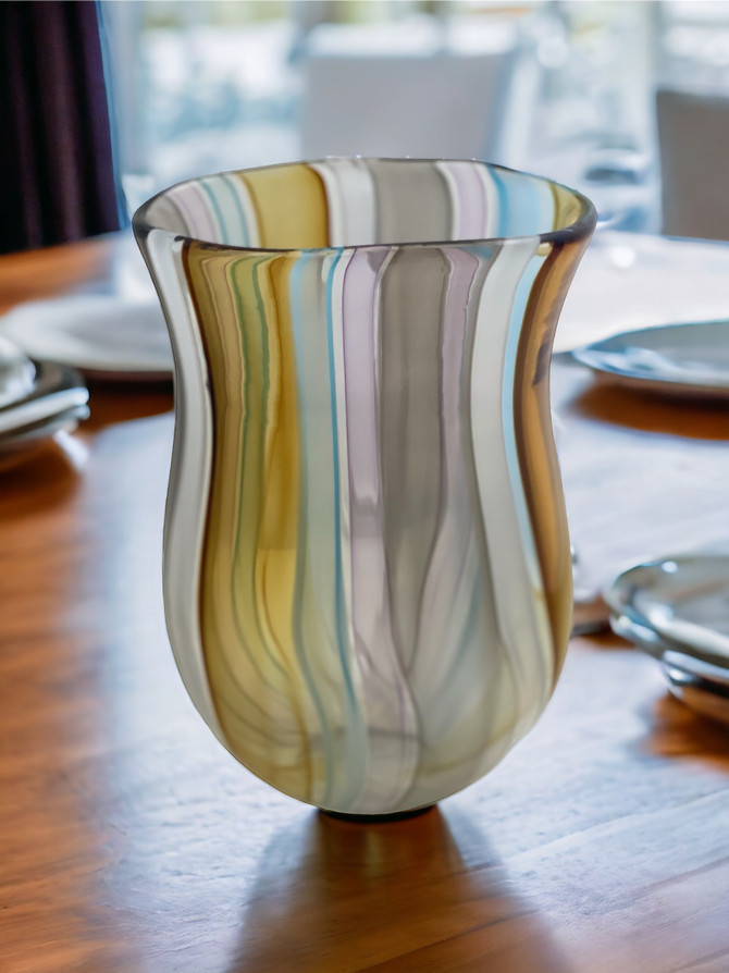 One of a Kind Colorful Art Glass Vase created by Fusing Hand Blown Cane into a Beautiful Color Pattern