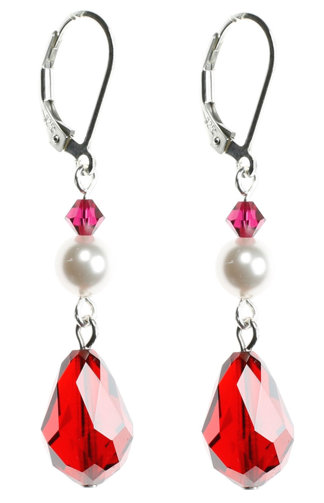 Bright Red Crystal earrings with White Pearl on Sterling Silver finishings.