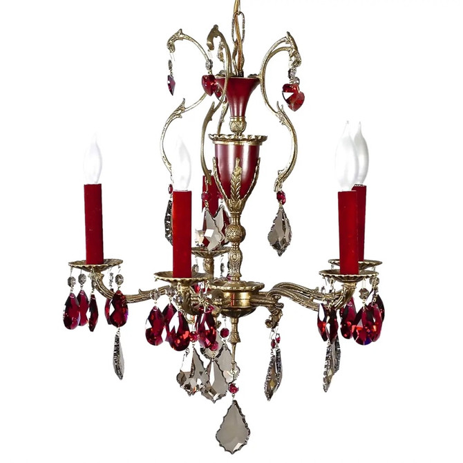 Red/Golden Teak Brass Chandelier with Strass Swarovski Crystals by Karen Curtis