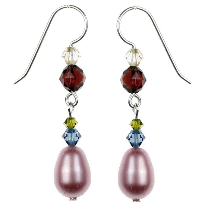 Sterling Silver Swarovski Crystal Pink Satin Pearl Dangle Earrings - Botanical Jewelry