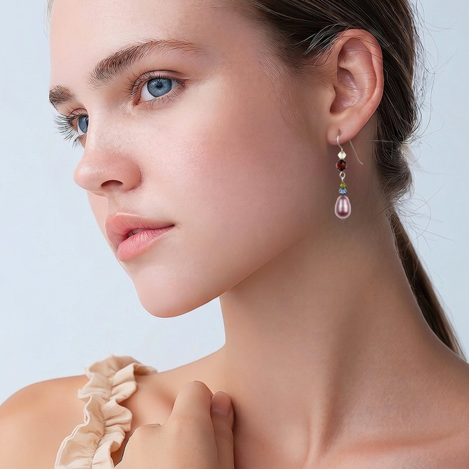 Sterling Silver Swarovski Crystal Pink Satin Pearl Dangle Earrings - Botanical Jewelry
