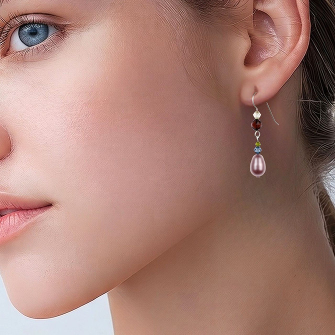 Sterling Silver Swarovski Crystal Pink Satin Pearl Dangle Earrings - Botanical Jewelry