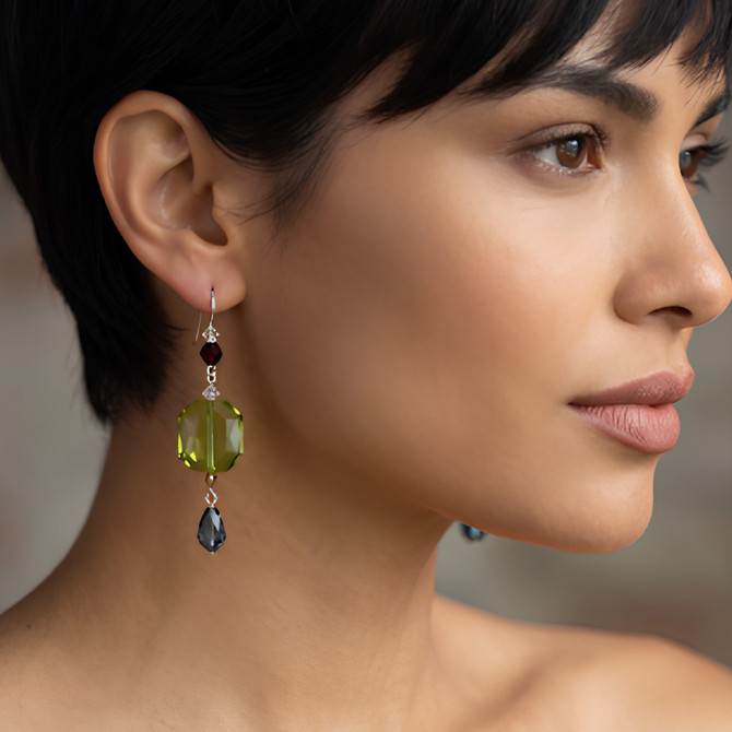 Sterling Silver Swarovski Crystal Yellow and Blue Statement Earrings - Botanical