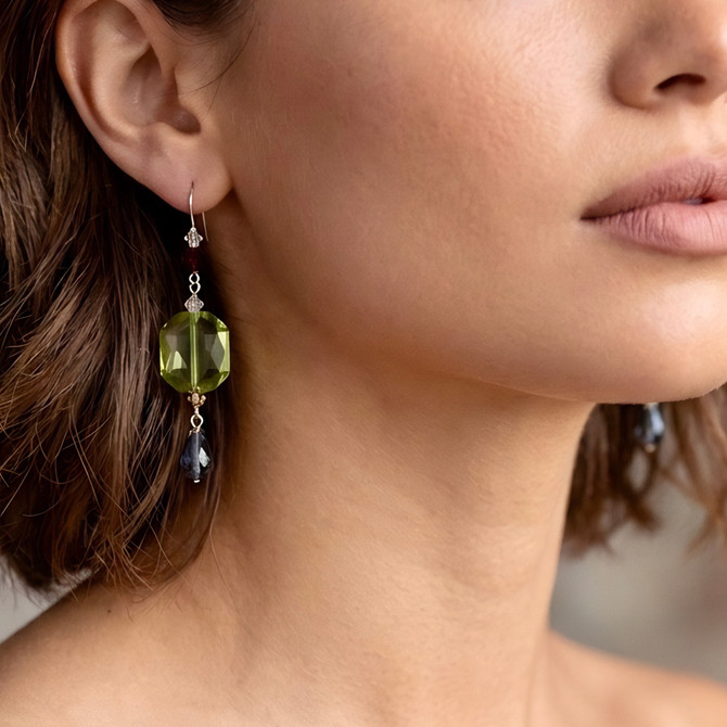 Sterling Silver Swarovski Crystal Yellow and Blue Statement Earrings - Botanical