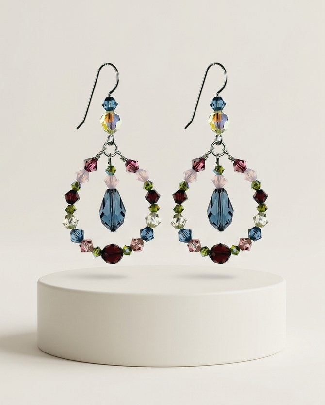 Sterling Silver Swarovski Crystal Wire Wrapped Hoop Earrings with Droplet - Botanical