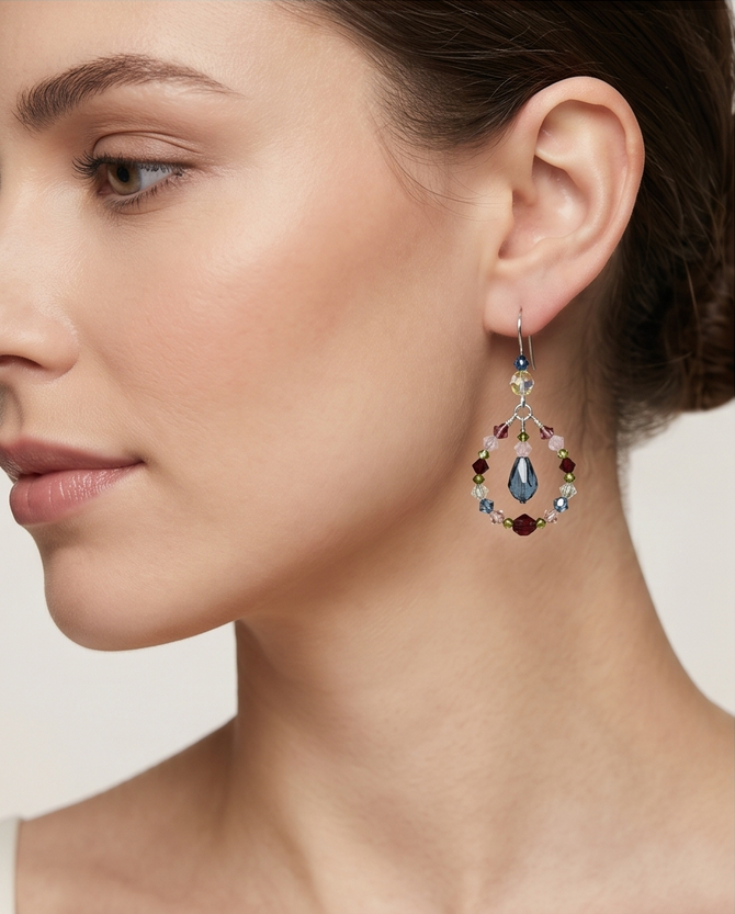 Sterling Silver Swarovski Crystal Wire Wrapped Hoop Earrings with Droplet - Botanical