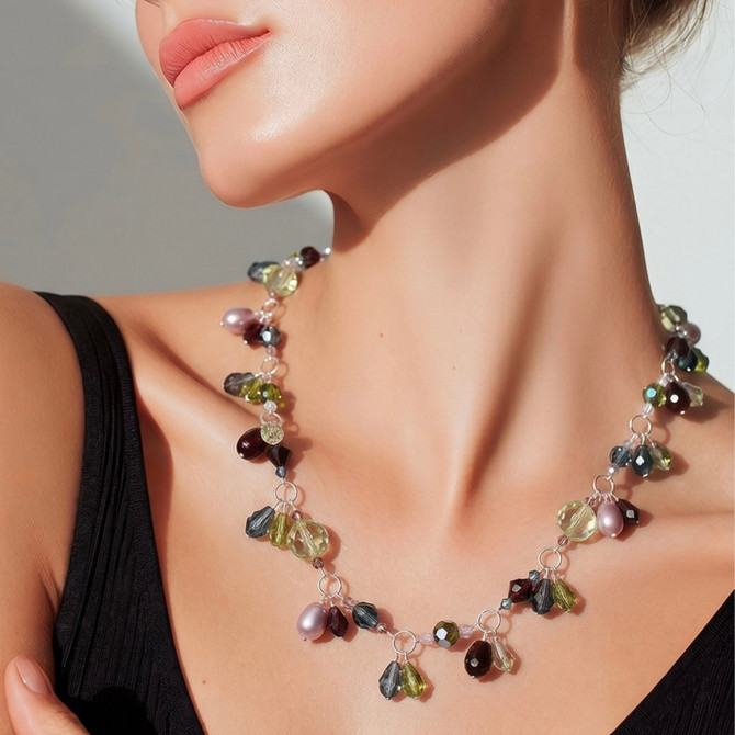 Sterling Silver Swarovski Crystal Double Drop Necklace - Botanical Jewelry