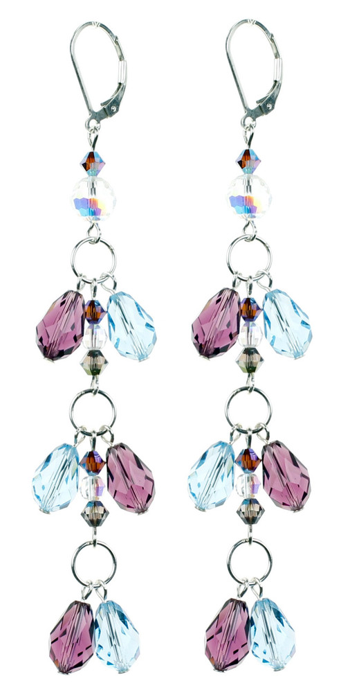 Long Elegant Crystal Earrings with Aqua Blue and Purple Amethyst.