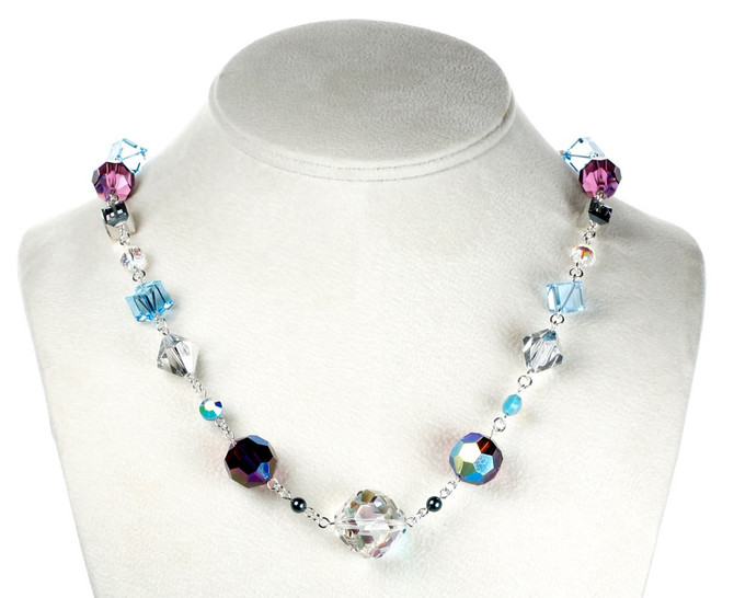Crystal Necklace with Amethyst and Aqua Blue Swarovski and Sterling Silver