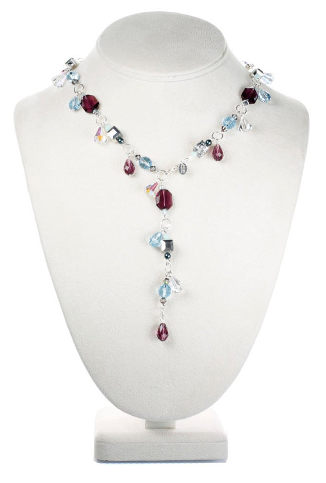 Y style Crystal Necklace with Purple Amethyst and Aqua Blue Swarovski.