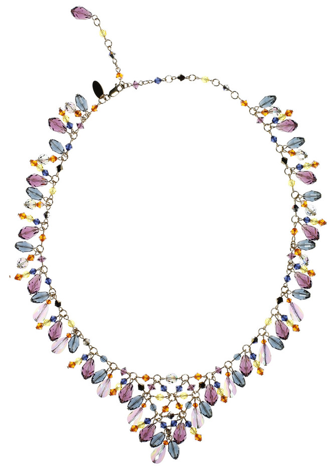 V necklace with droplets of colored crystals dangling around your neck