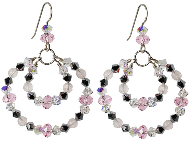 Double Hoop Pink and Silver Crystal Earrings