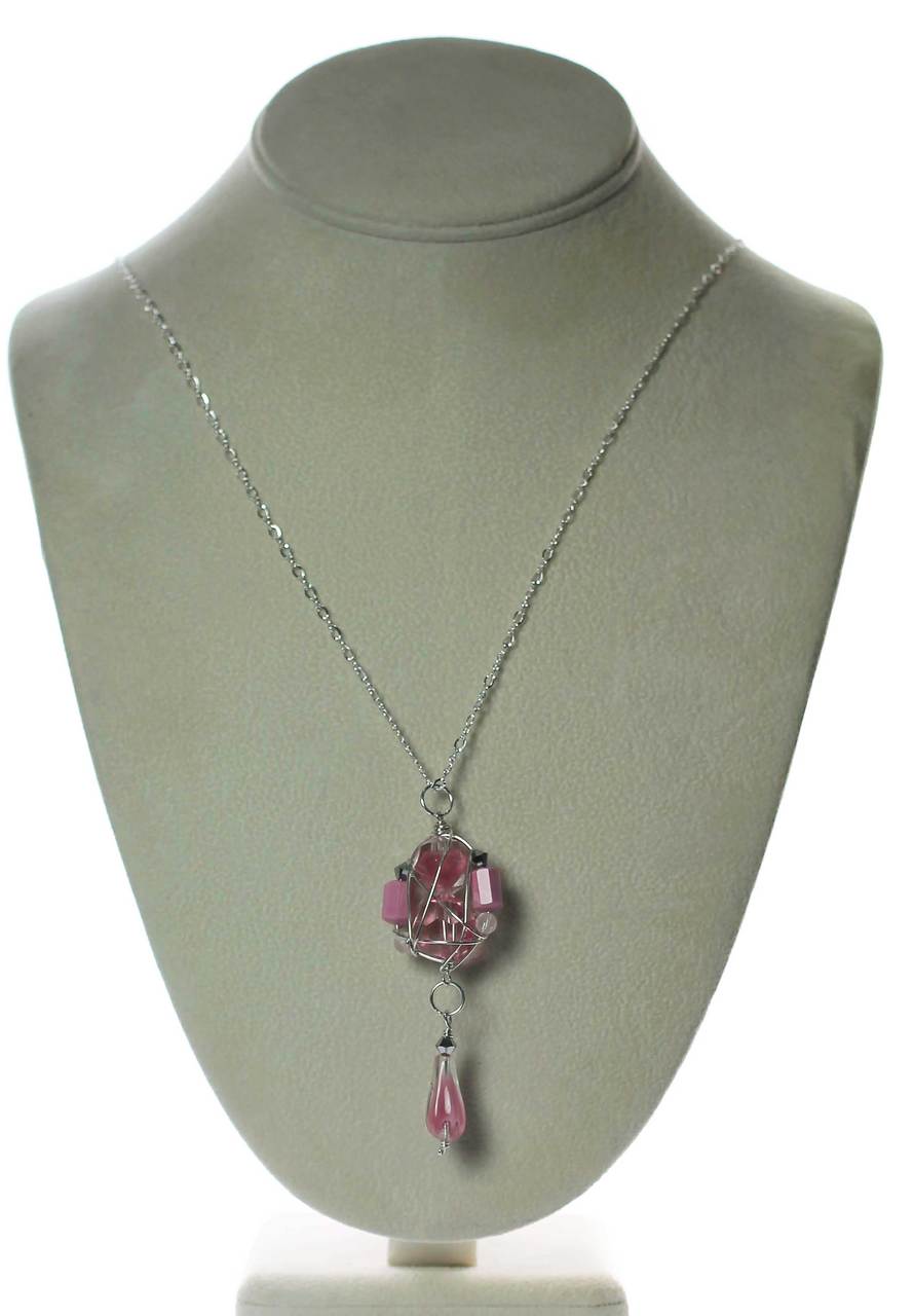 Pink Crystal Clustered Pendant Necklace 