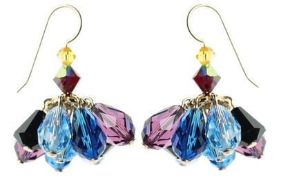 Colorful Swarovski Crystal cluster earrings • All handmade with 14K gold  filled metal • Original one of a kind jewelry designs by Karen Curtis in NYC