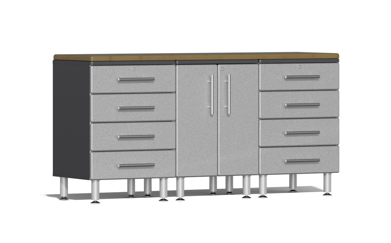 Four (4) piece workstation provides two (2) 4-drawer cabinets, one (1) 2-door cabinet and upgraded solid bamboo worktop. Contemporary metallic car color gloss facing over Grey cabinet, industrial strength and high-end hardware are just a few features that make this the choice for garages, workshops and business applications looking to stand out from the crowd.