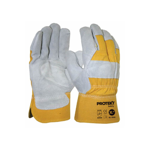 Protekt Grey Leather Split Palm Yellow Cotton Back Gloves - X-Large