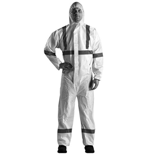 Protekt Type 5/6 White Microporous Disposable Coveralls With Reflective Tape Protekt Type 5/6 White Microporous Disposable Coveralls With Reflective Tape