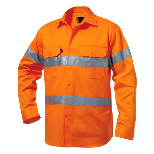 King Gee Mens Hi Vis Drill Shirt with Reflective Hoop Tape King Gee Mens Hi Vis Drill Shirt with Reflective Hoop Tape