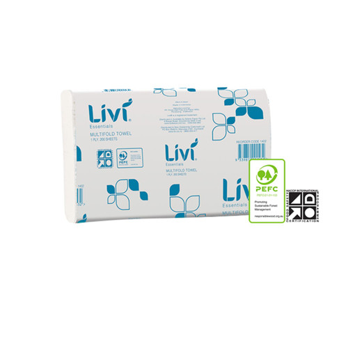 Livi Essentials Multifold Hand Towel 1 Ply 200 Sheets - Carton of 20 Packs Livi Essentials Multifold Hand Towel 1 Ply 200 Sheets - Carton of 20 Packs