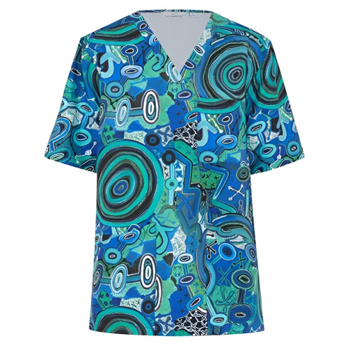 Workwear Womens Polyester Print Warlu Indigenous Scrub Top Workwear Womens Polyester Print Warlu Indigenous Scrub Top