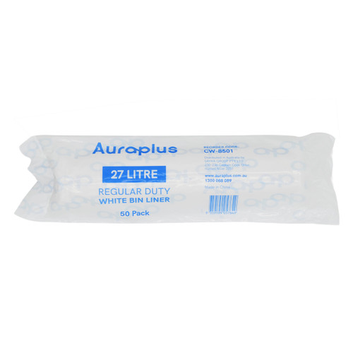 Auraplus Regular Duty Bin Liner 27L White, 10um - Roll of 50 Bags CW-8501