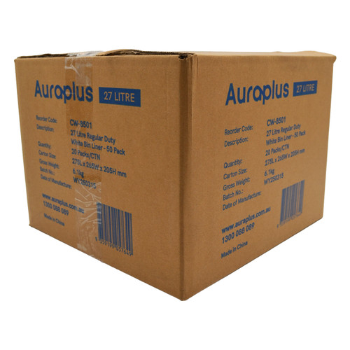 Auraplus Regular Duty Bin Liner 27L White, 10um - Rolls of 50 Bags - Full Carton (20 Rolls) Auraplus Regular Duty Bin Liner 27L White, 10um - Rolls of 50 Bags - Full Carton (20 Rolls)