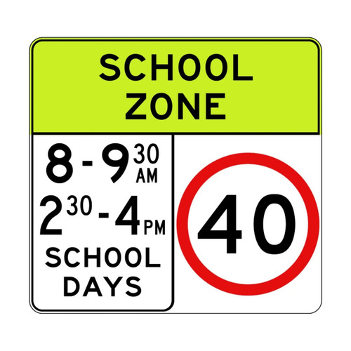 Regulatory  School Zone 40KM/H (8-9:30AM 2:30-4PM) School Days Sign - 900 x 850mm R4-230A-NSW