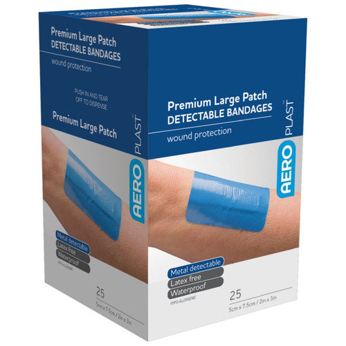 AEROPLAST Premium Detectable Large Patch 7.5 x 5cm Box/25 AEROPLAST Premium Detectable Large Patch 7.5 x 5cm Box/25