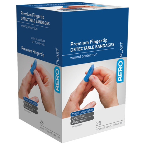 AEROPLAST Premium Detectable Fingertip Dressing 7.5 x 4.5cm Box/25 AEROPLAST Premium Detectable Fingertip Dressing 7.5 x 4.5cm Box/25