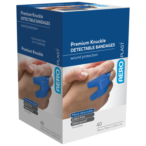 AEROPLAST Premium Detectable Knuckle Dressings 7.5 x 3.8cm Box/40 AEROPLAST Premium Detectable Knuckle Dressings 7.5 x 3.8cm Box/40