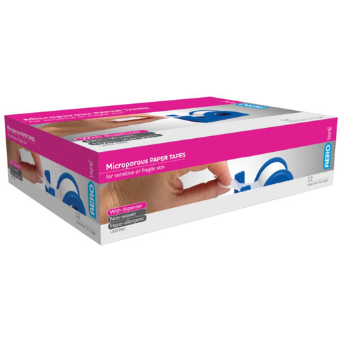 AEROTAPE White Microporous Paper Tape with Dispenser 2.5cm x 9.1M Box/12 AEROTAPE White Microporous Paper Tape with Dispenser 2.5cm x 9.1M Box/12